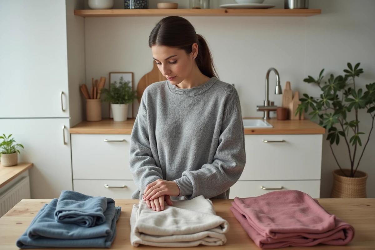 Femme triant des vêtements de seconde main sur une table en bois pour les revendre sur Sellpy