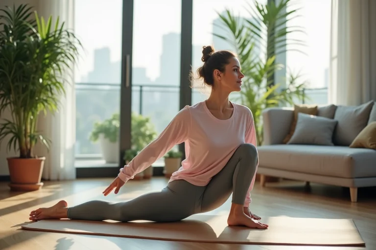 Femme en yoga dans un salon lumineux avec plantes