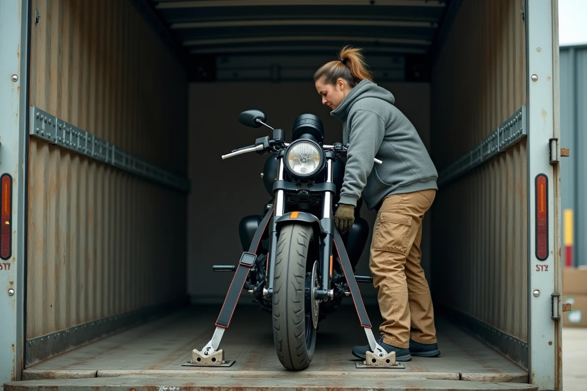 Femme fixant une moto avec des sangles à l'intérieur d'un camion de location industriel