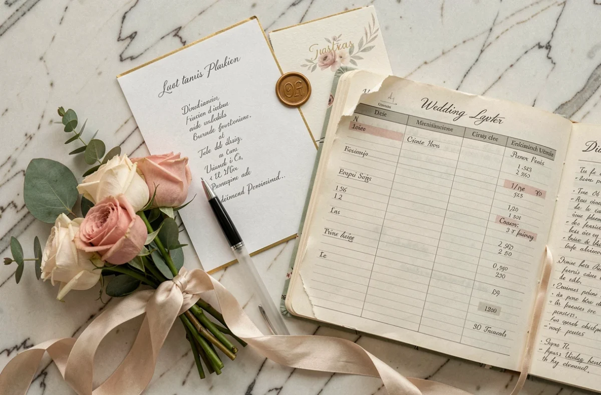Flat-lay d'accessoires de planification de mariage français incluant invitations manuscrites, bouquet de roses et carnet de mariage sur marbre