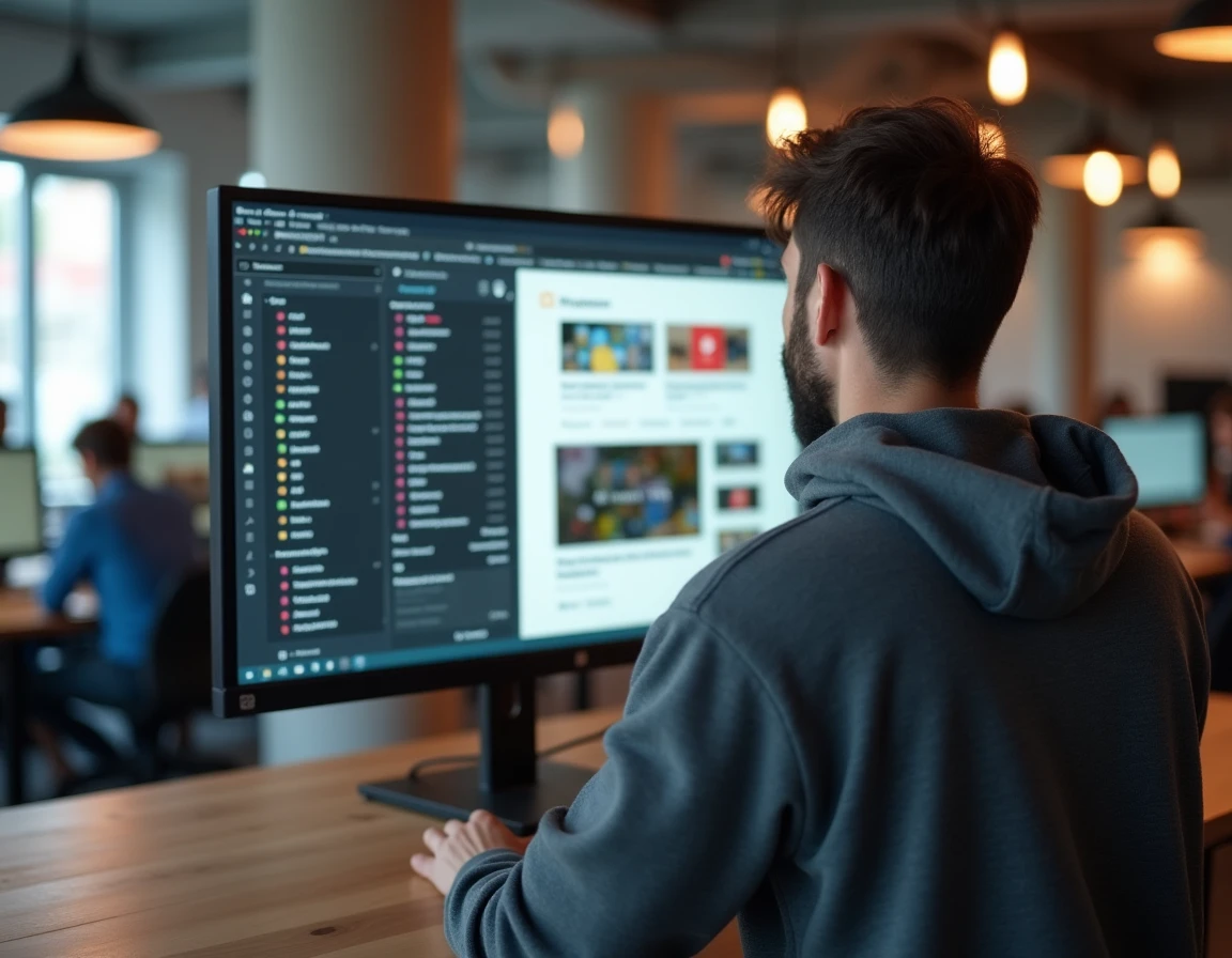 Homme travaillant sur un tableau de bord de blog dans un espace de coworking moderne avec grand écran