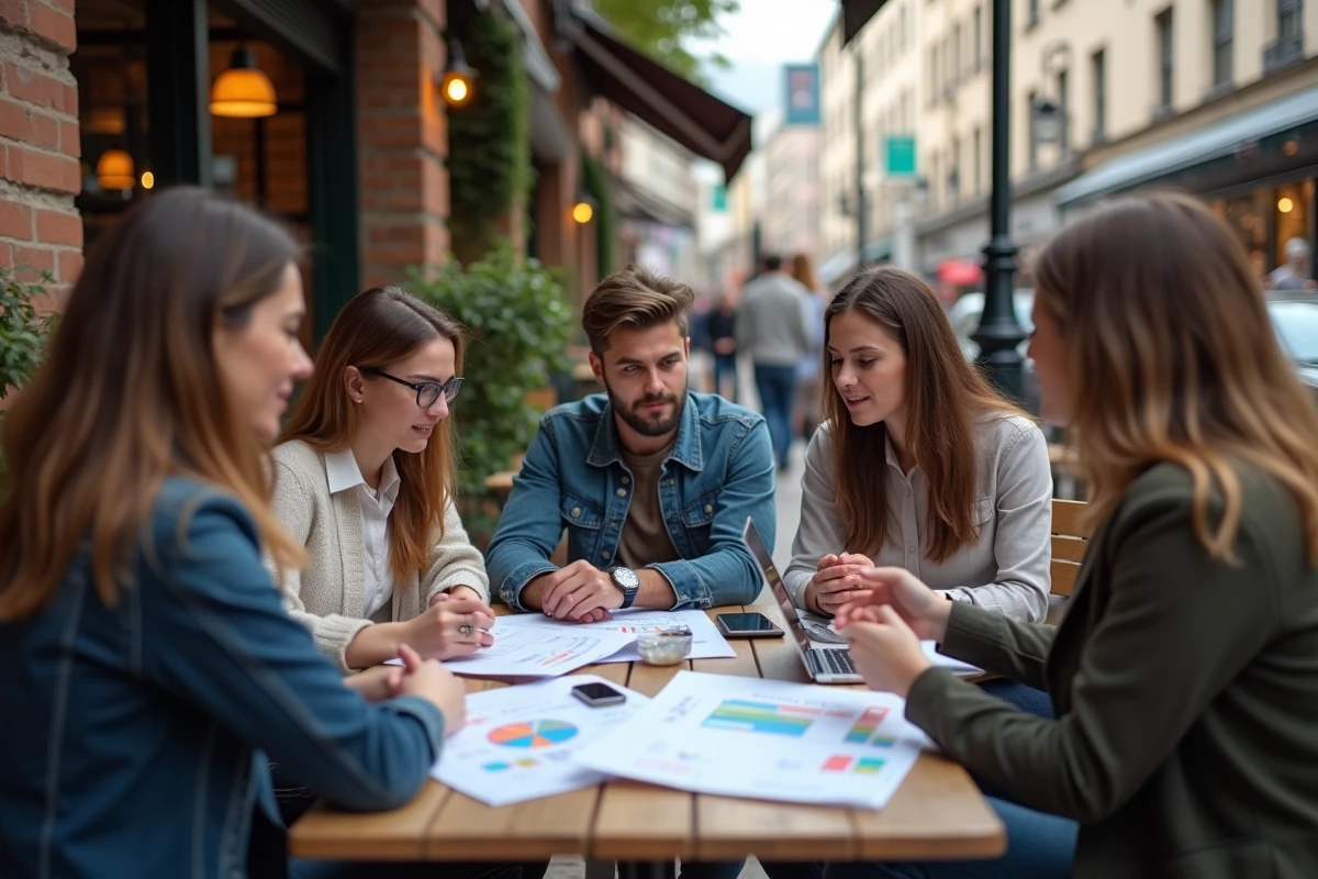Professionnels du marketing discutant en extérieur