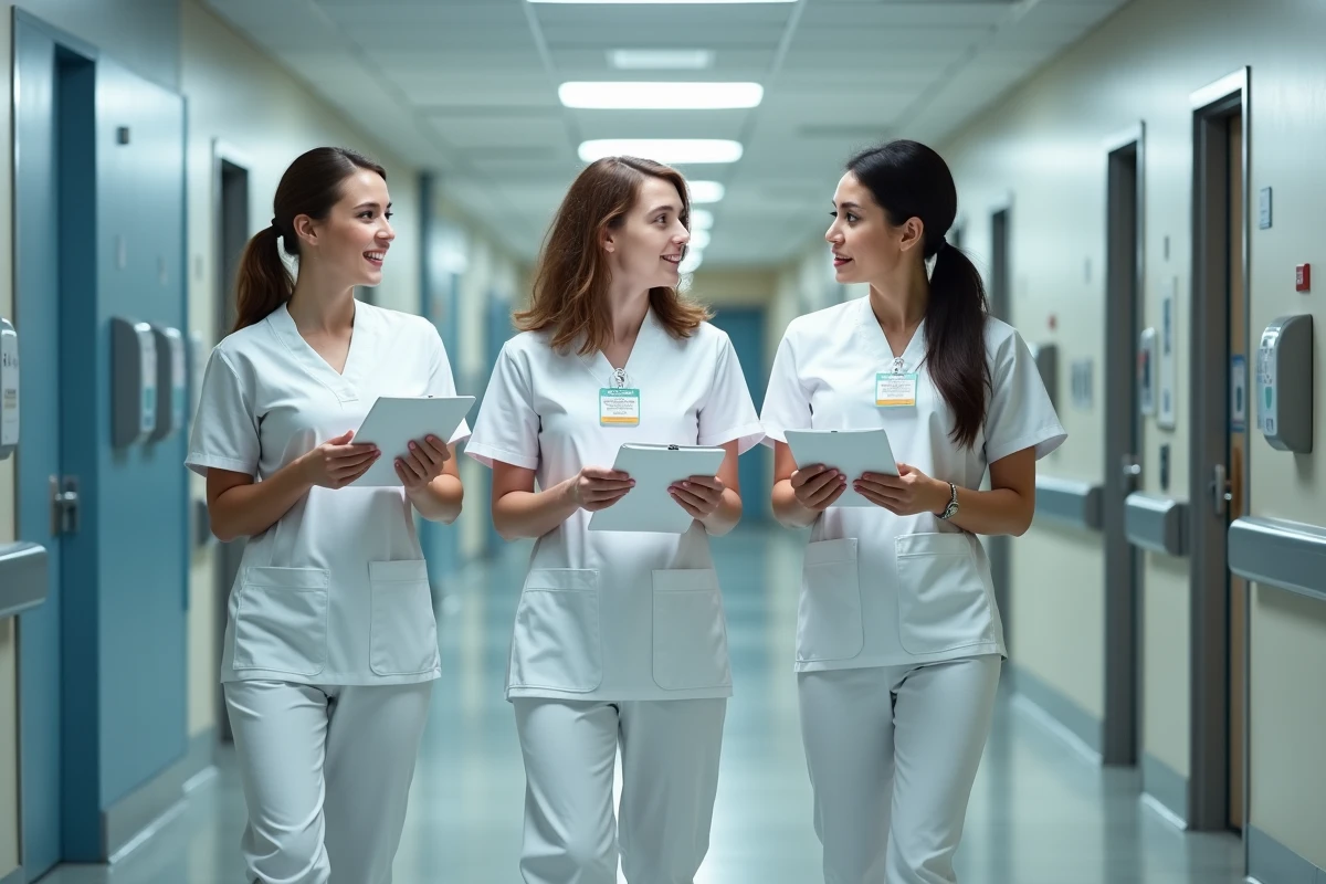 Groupe d'étudiants infirmiers en stage hospitalier discutant de notes dans un couloir d'hôpital moderne