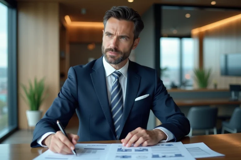 Homme d'affaires en costume dans un bureau moderne immobilier