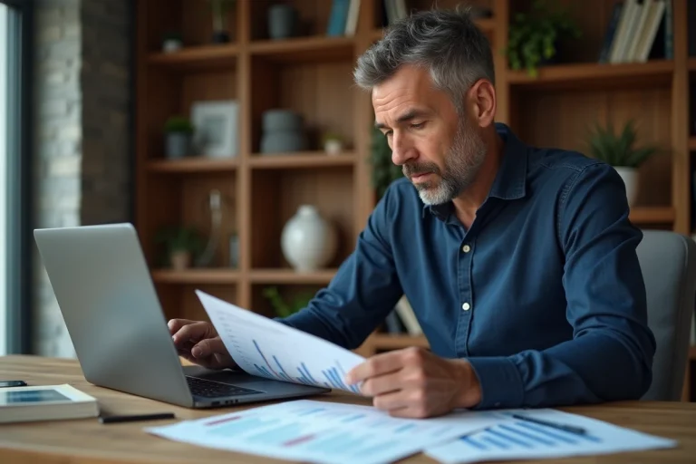 Homme consultant des documents financiers sur un bureau en bois pour comparer PEA et compte-titres