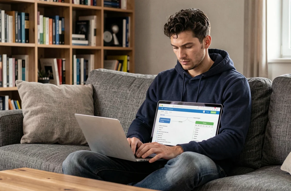 Homme naviguant sur un sitemap de site tech depuis un canapé avec un ordinateur portable