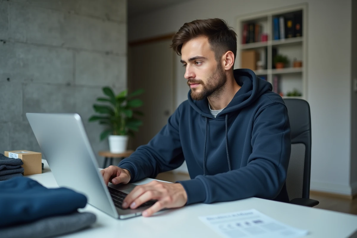 Homme utilisant un ordinateur portable pour gérer des ventes de vêtements sur une plateforme de revente en ligne