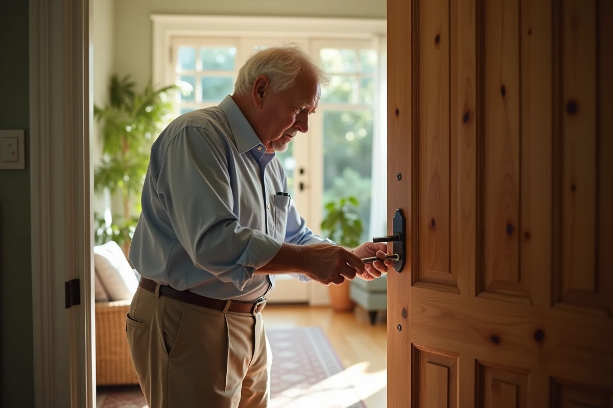 Homme âgé réparant la porte dans l