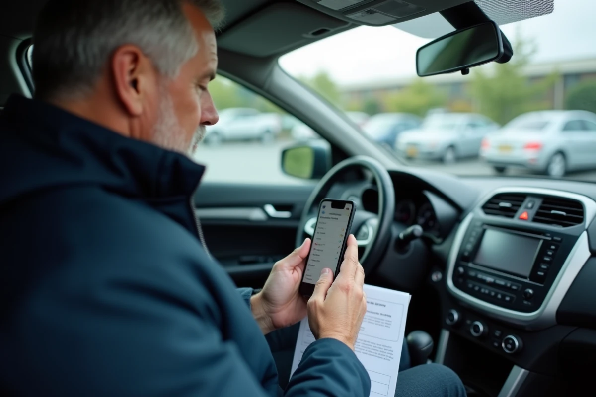 Homme utilisant son smartphone dans sa voiture pour changer d