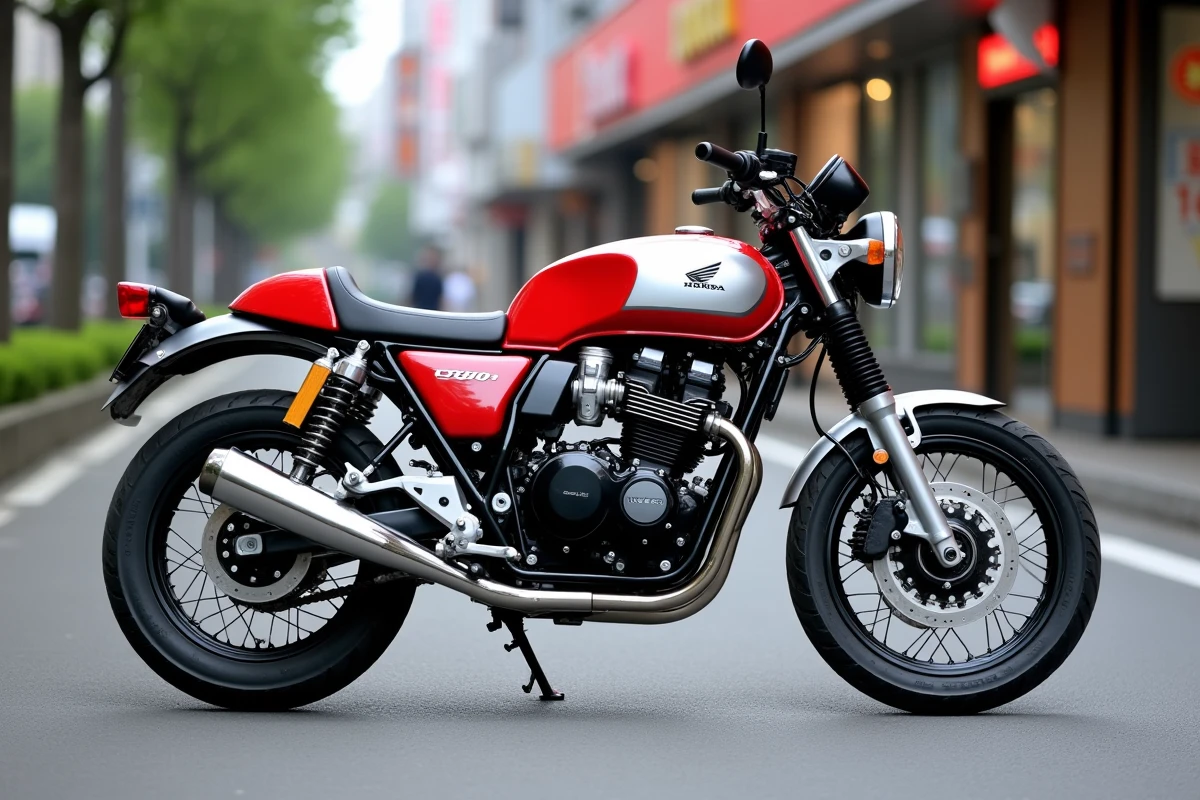 Honda CB400 Super Four rouge et argent garée dans une rue urbaine japonaise, mettant en valeur son moteur quatre cylindres poli, son badge HYPER VTEC et son système d'échappement quatre-en-un