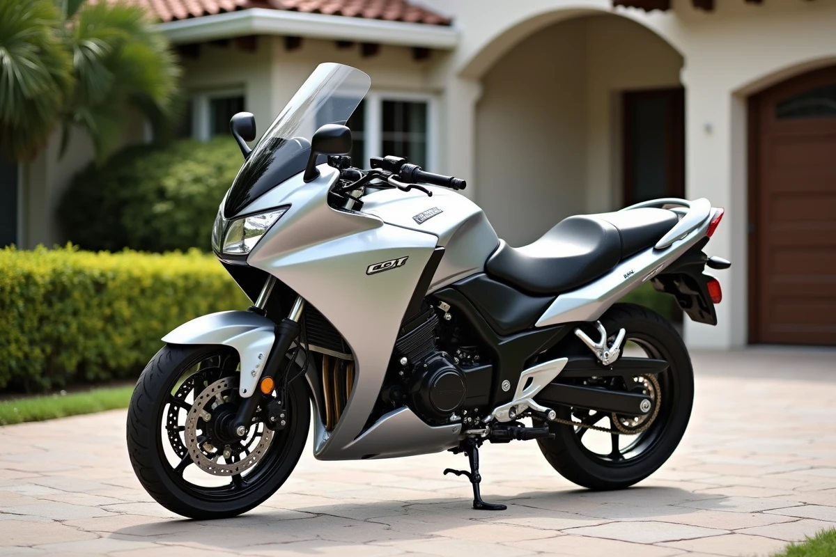 Honda CBF500 grise de 2005 garée devant une maison pavillonnaire, montrant sa demi-carénage pratique, son pare-brise et sa béquille centrale typique d'une moto polyvalente