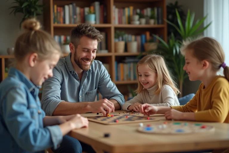 Mr Seb avec deux enfants jouant à un jeu de société dans un salon