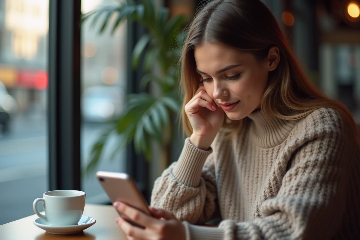 Jeune femme vérifiant ses mots de passe au café