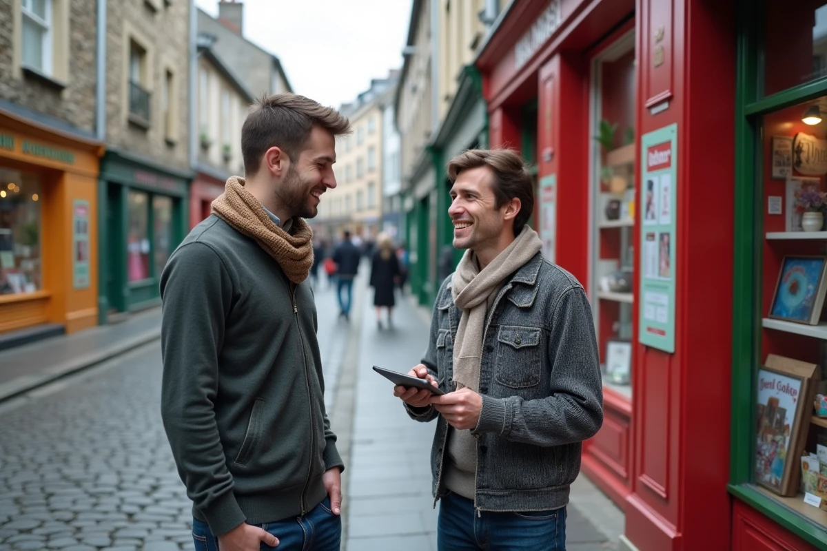 Jeune homme dans une rue bretonne avec un commerçant
