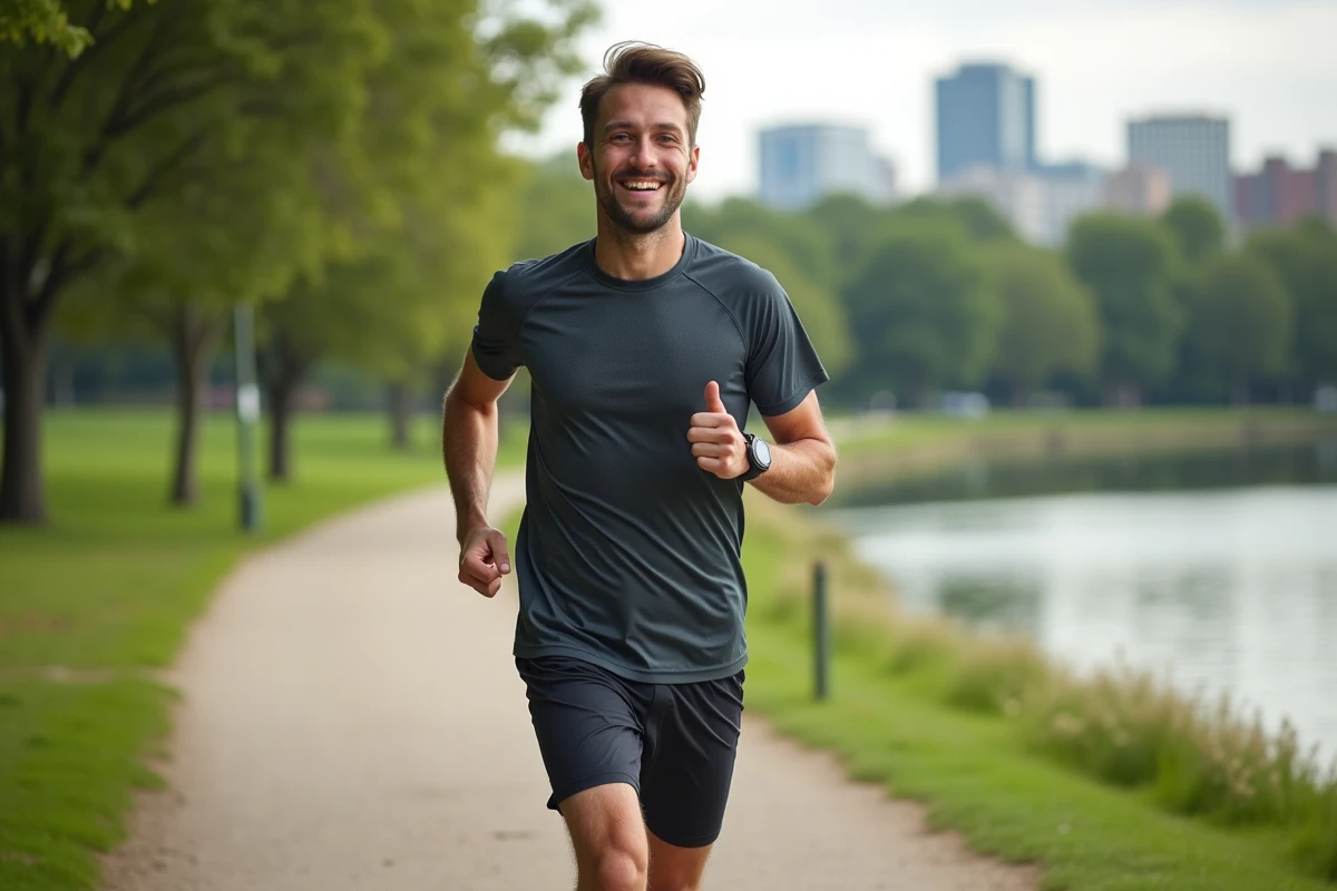 Jeune homme courant dans un parc verdoyant