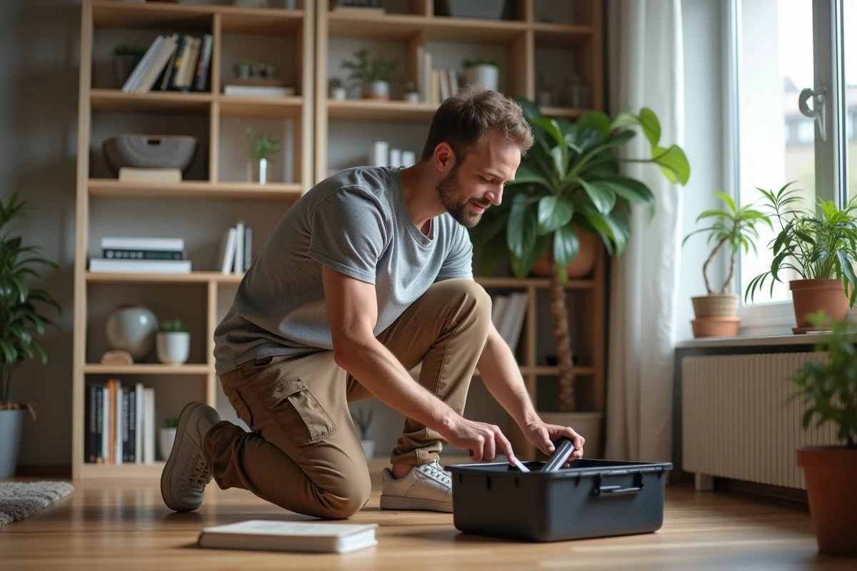 Jeune homme posant des étagères dans un salon moderne