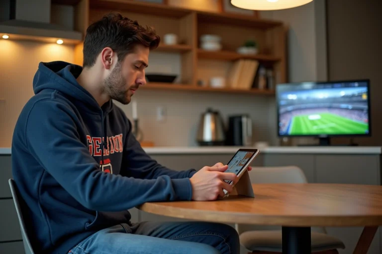 Jeune homme regardant un stream sportif sur une tablette