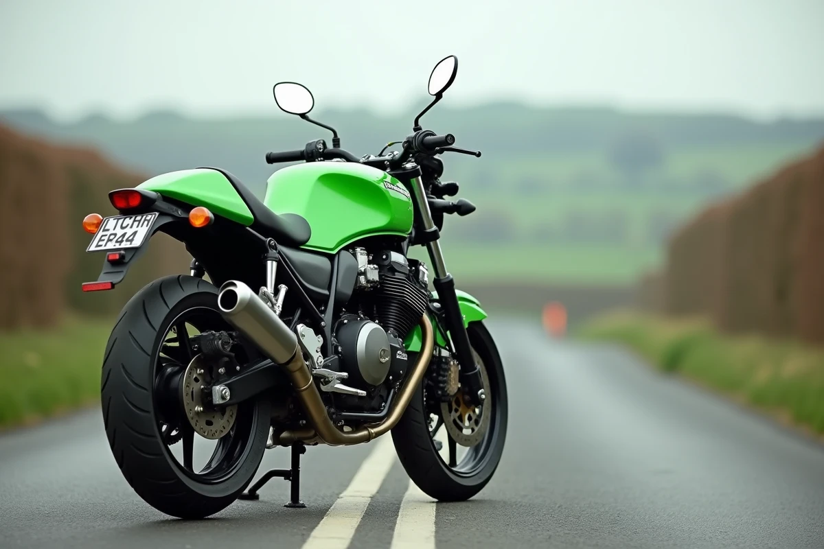 Kawasaki ER-5 verte des années 2000 garée sur une route de campagne, mettant en valeur son moteur bicylindre parallèle et sa silhouette de moto urbaine accessible