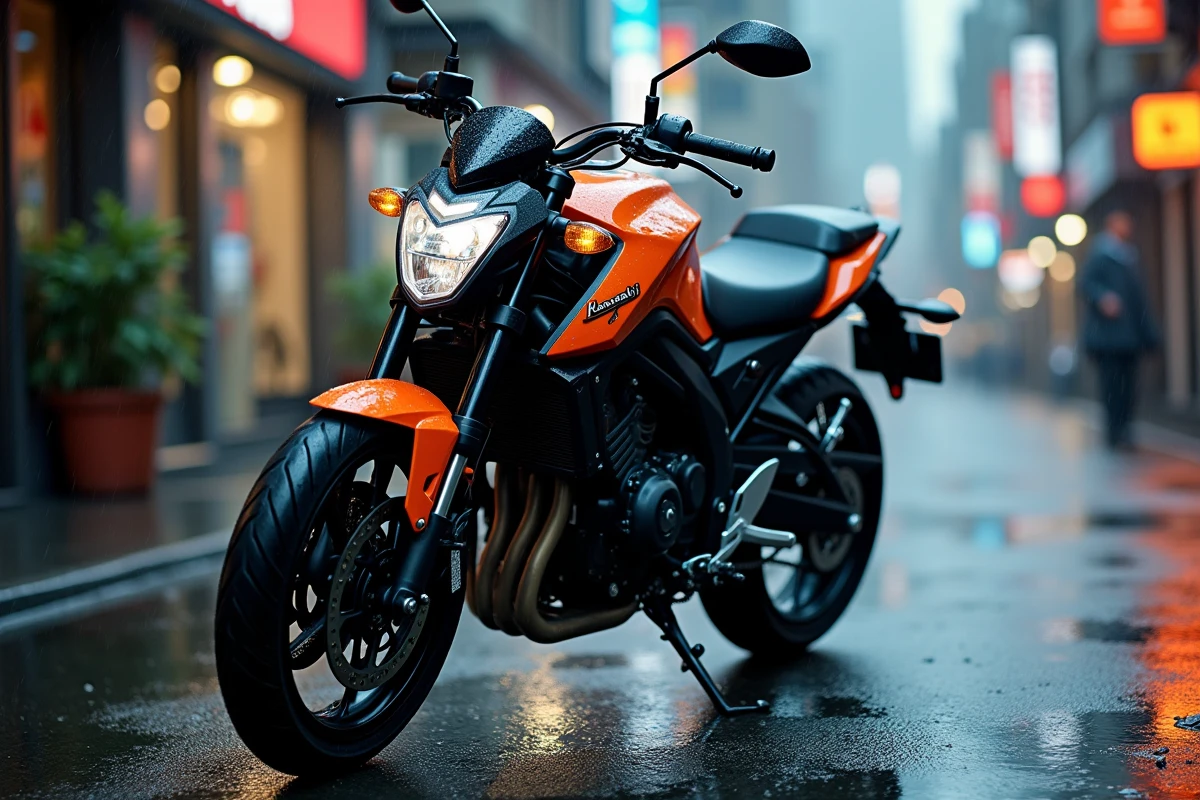 Kawasaki ER-6n orange de 2009 sur une rue urbaine mouillée, révélant son phare angulaire distinctif, son cadre treillis et son échappement haut perché sous une pluie fine