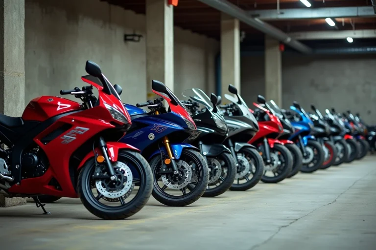 Collection de motos performantes et abordables garées côte à côte dans un garage urbain industriel, représentant les meilleures options pour débuter en moto à moins de 2000 euros