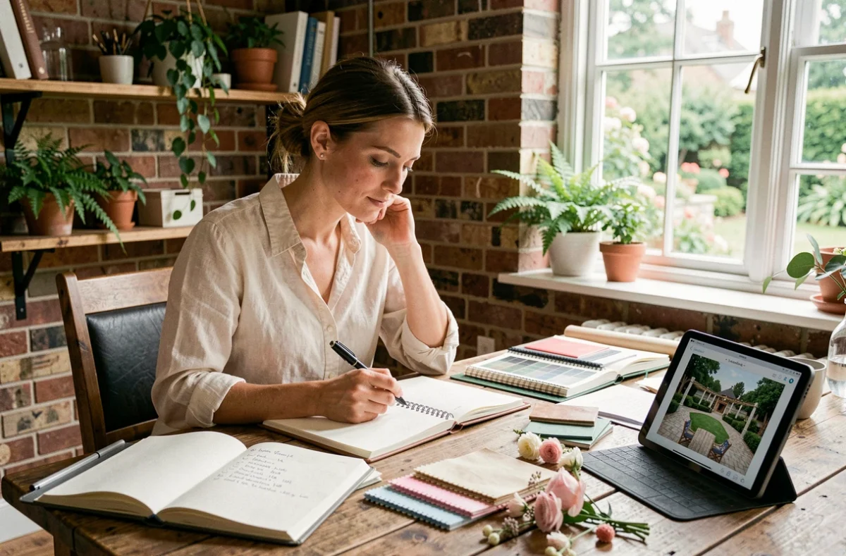 Femme organisant un mariage avec des échantillons de tissus, des carnets de notes et une tablette sur une table en bois rustique