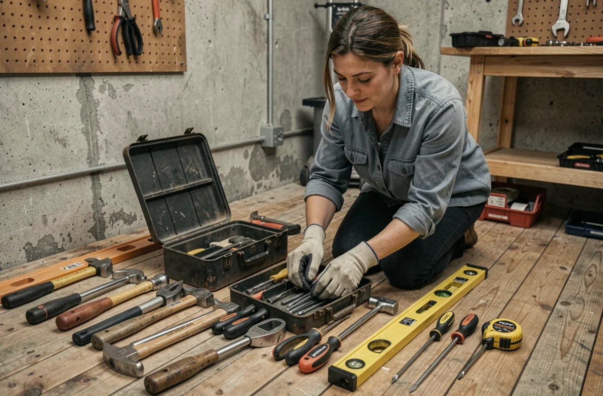 Femme organisant ses outils de bricolage dans une boîte à outils ouverte sur le sol d'un atelier fait maison