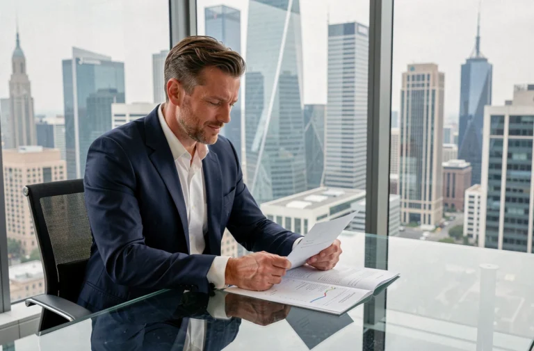 Homme d'affaires en costume devant un skyline financier illustrant les pays les plus riches du monde en 2024