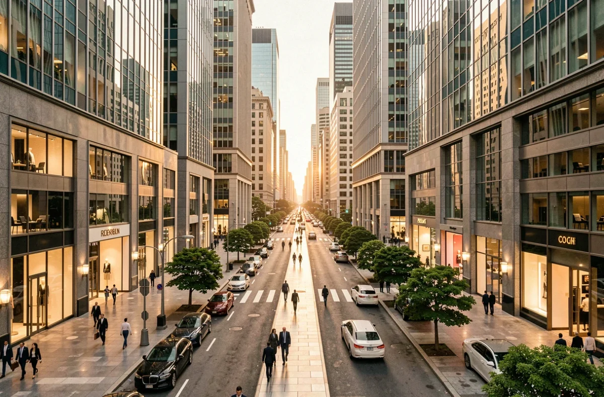 Quartier financier prospère d'une grande métropole mondiale symbolisant les pays les plus riches en 2024