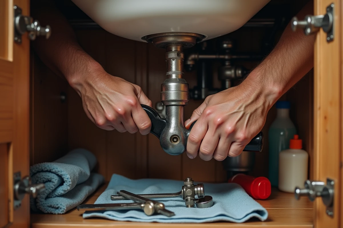 Gros plan de mains masculines réparant une plomberie sous un évier de cuisine avec une clé réglable