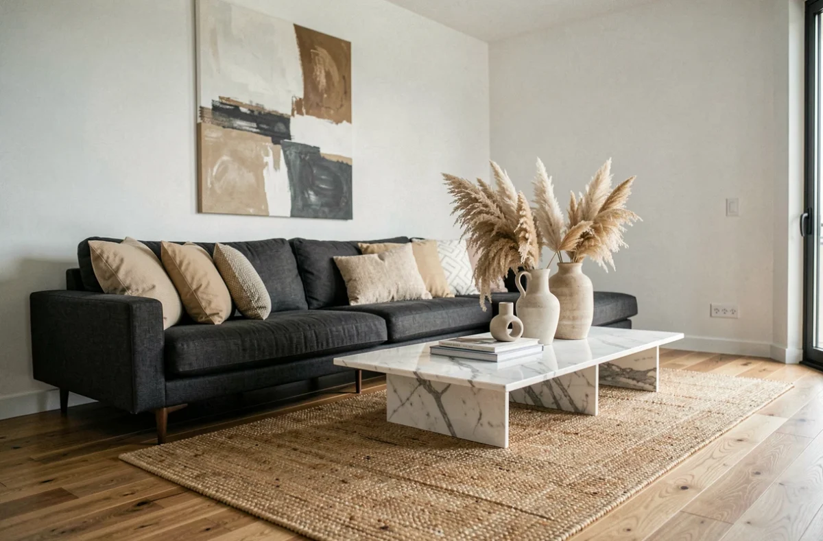 Salon moderne et confortable avec canapé en lin gris, table basse en marbre et parquet en chêne chaleureux