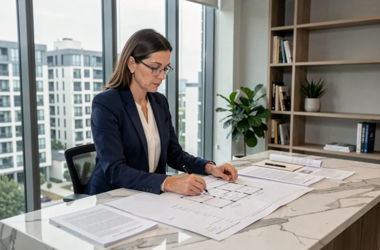 Femme professionnelle analysant des plans immobiliers et des documents financiers dans un bureau moderne avec vue sur la ville