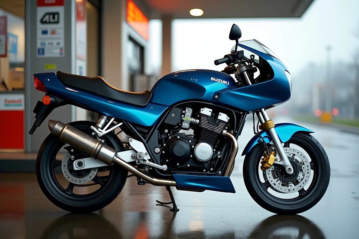Suzuki Bandit 600 bleue métallisée des années 1990 à la pompe d'une station-service, montrant son moteur quatre cylindres en ligne exposé et ses deux échappements remontants