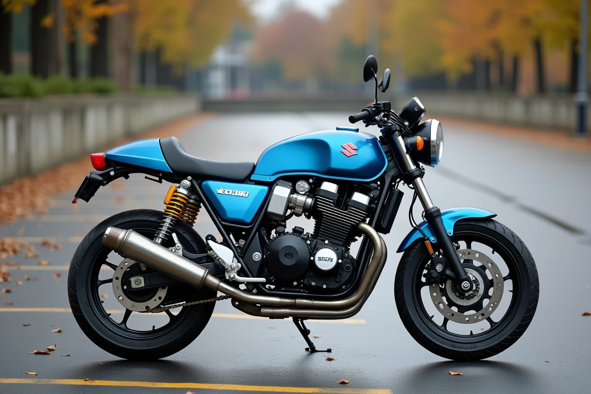 Suzuki GS500 bleue garée dans un parking urbain, montrant son profil classique de moto naked avec ses amortisseurs doubles et ses deux échappements latéraux