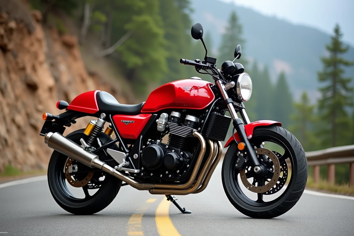 Suzuki SV650 rouge de 2001 sur une route de montagne sinueuse, mettant en évidence son cadre treillis, son moteur V-twin exposé et sa silhouette de roadster musclé