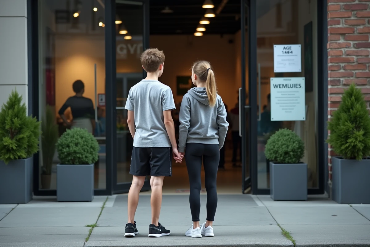 Deux adolescents lisant les conditions d'âge affichées à l'entrée d'une salle de sport