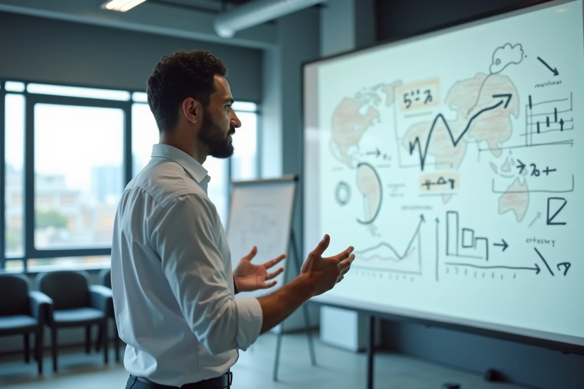 Conférencier devant un tableau blanc avec des graphiques financiers dans une salle de séminaire moderne, évoquant les activités de formation et d'investissement de Thami Kabbaj
