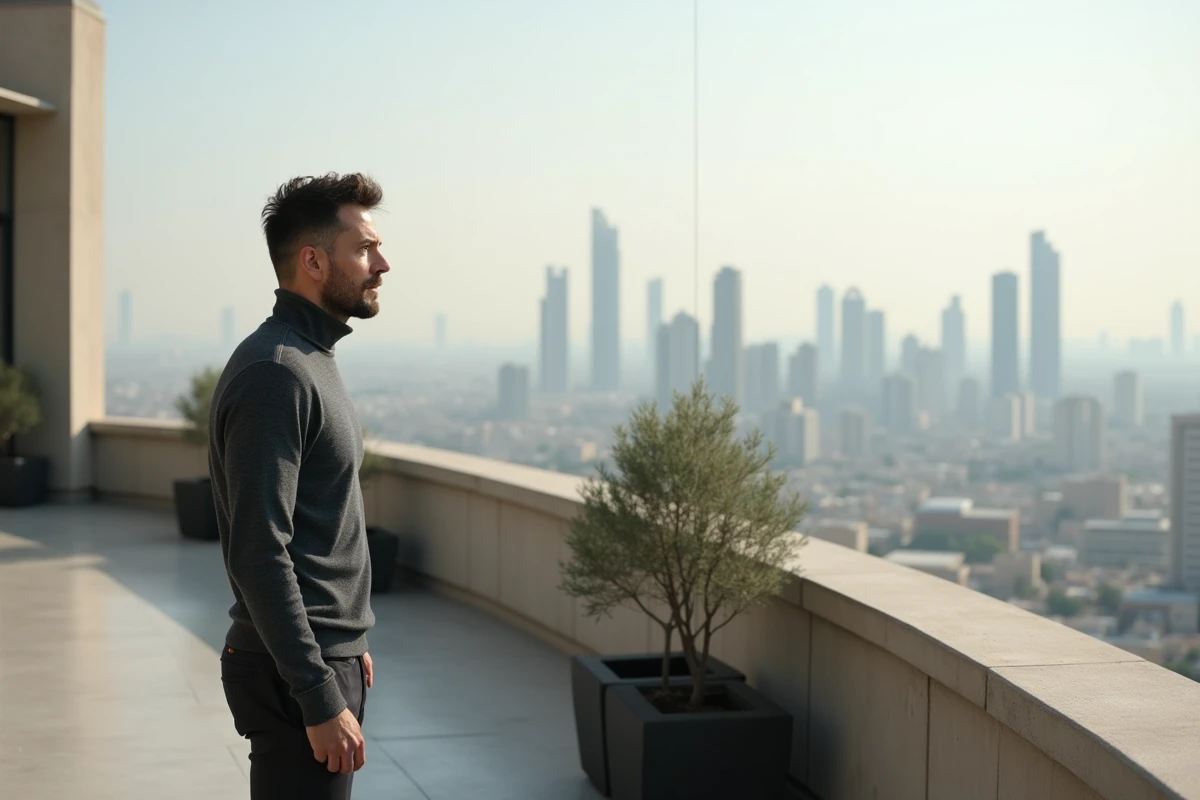Homme d'affaires prospère sur un toit terrasse moderne contemplant un panorama urbain, symbolisant l'ambition et le patrimoine bâti par Thami Kabbaj