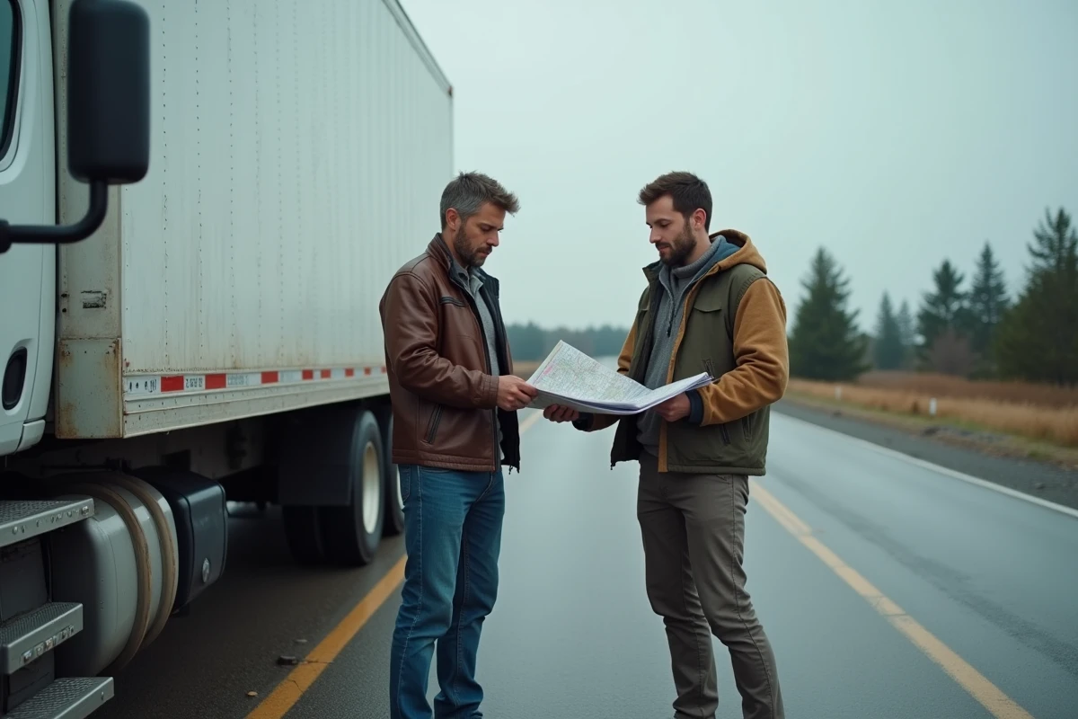 Deux hommes consultant une carte routière à côté d'un camion de location transportant une moto sur une aire d'autoroute