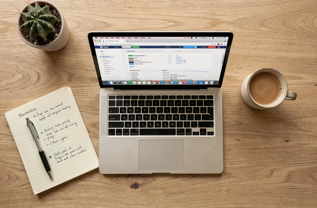 Vue aérienne d'un bureau avec ordinateur portable affichant un sitemap et des notes de navigation manuscrites