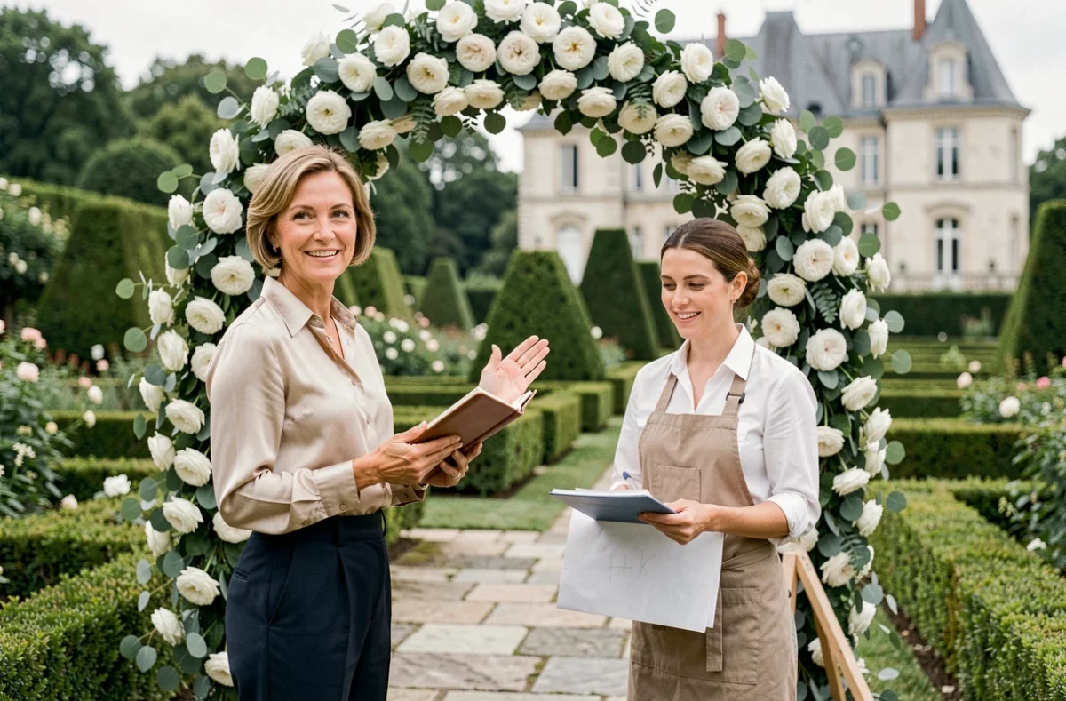 Wedding planner professionnelle coordonnant la décoration florale avec un fleuriste dans un jardin de mariage élégant