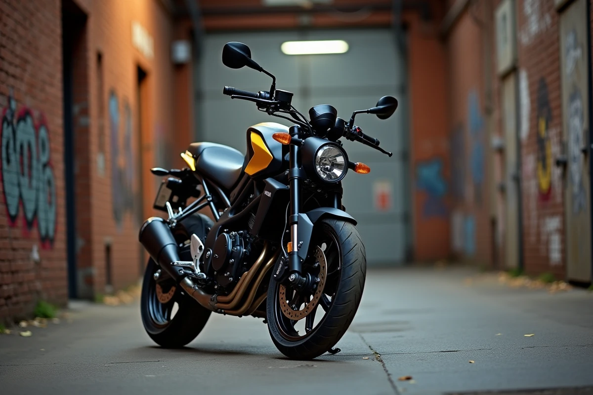 Yamaha MT-03 noire mate de 2010 garée dans une ruelle industrielle, accentuant son phare rond, son monobras oscillant et sa ligne compacte de roadster minimaliste